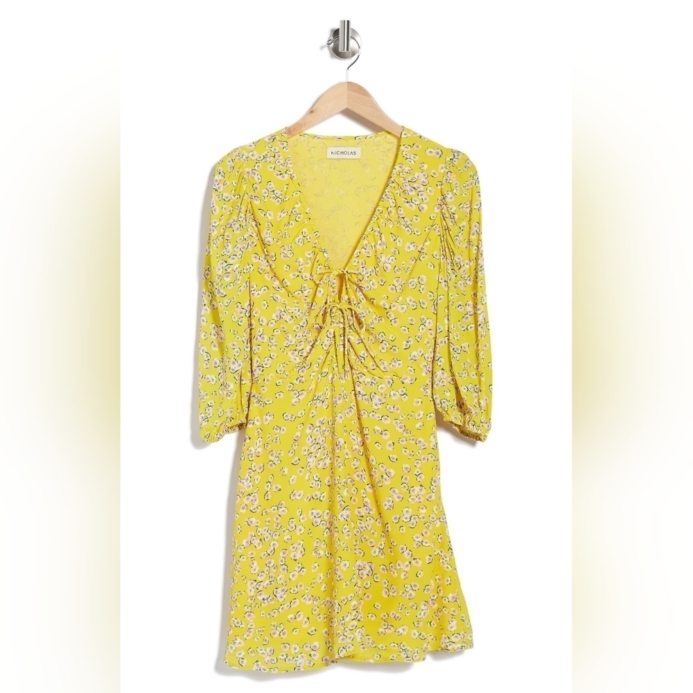 NWT NICHOLAS Danni Floral Front Tie Yellow Mini‎ Dress 4 - Picture 3 of 3